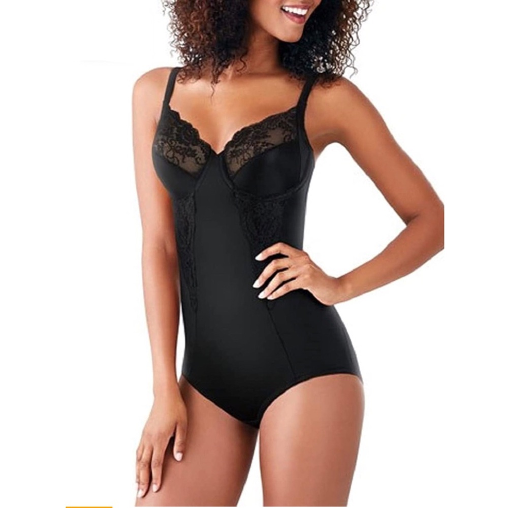 NEW 🖤 Maidenform Flexees Shapewear Body Briefer with Lace Bodysuit Black 36C